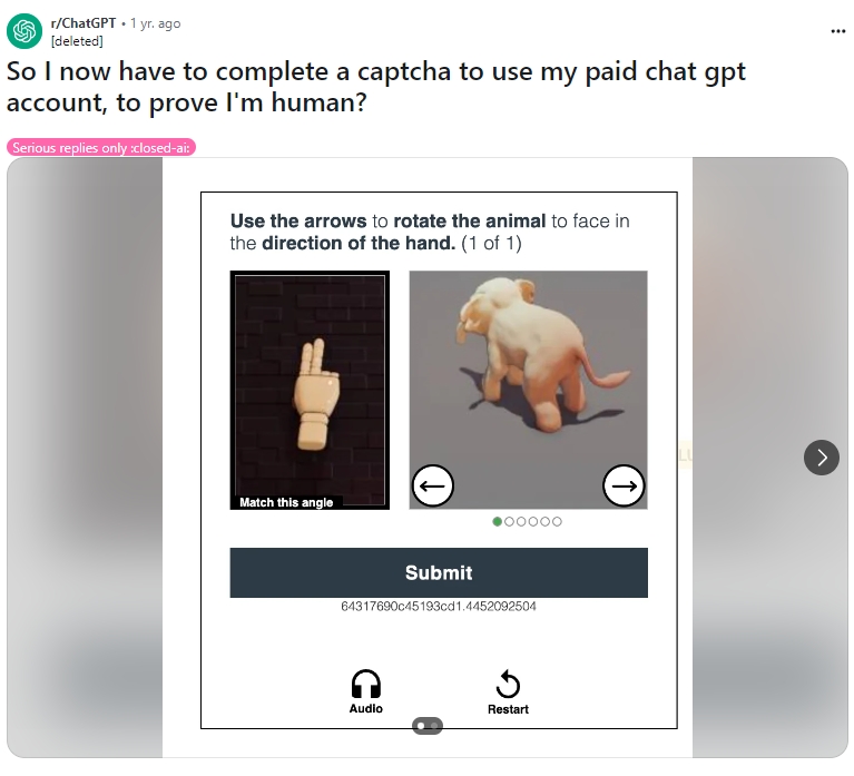 ChatGPT 訂閱用戶抱怨出現 CAPTCHA 驗證的次數越來越多，連聊天也會跳出來