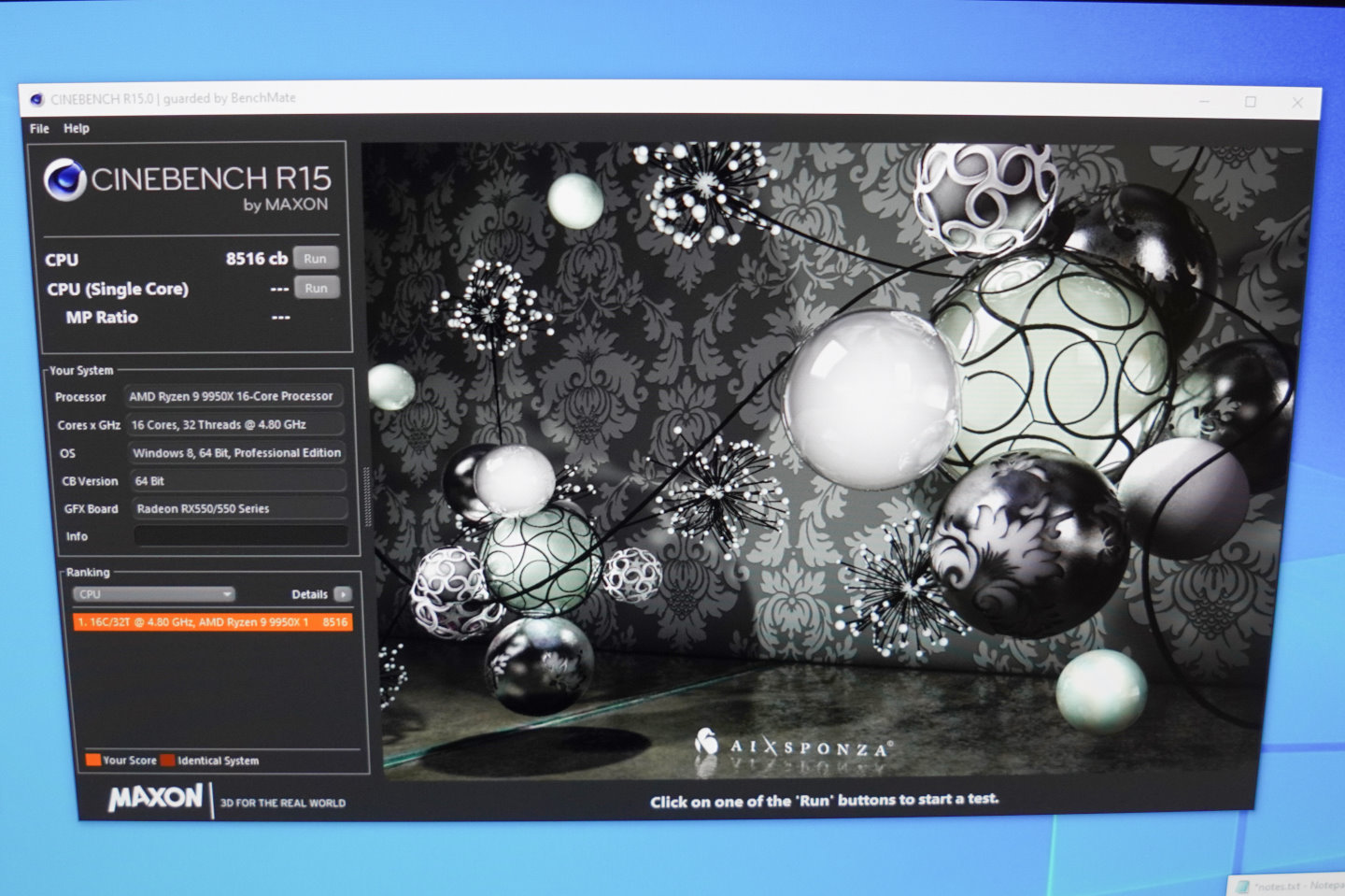 Ryzen 9 9950X在Cinebench R15多核心測試成績可達8516 cb。