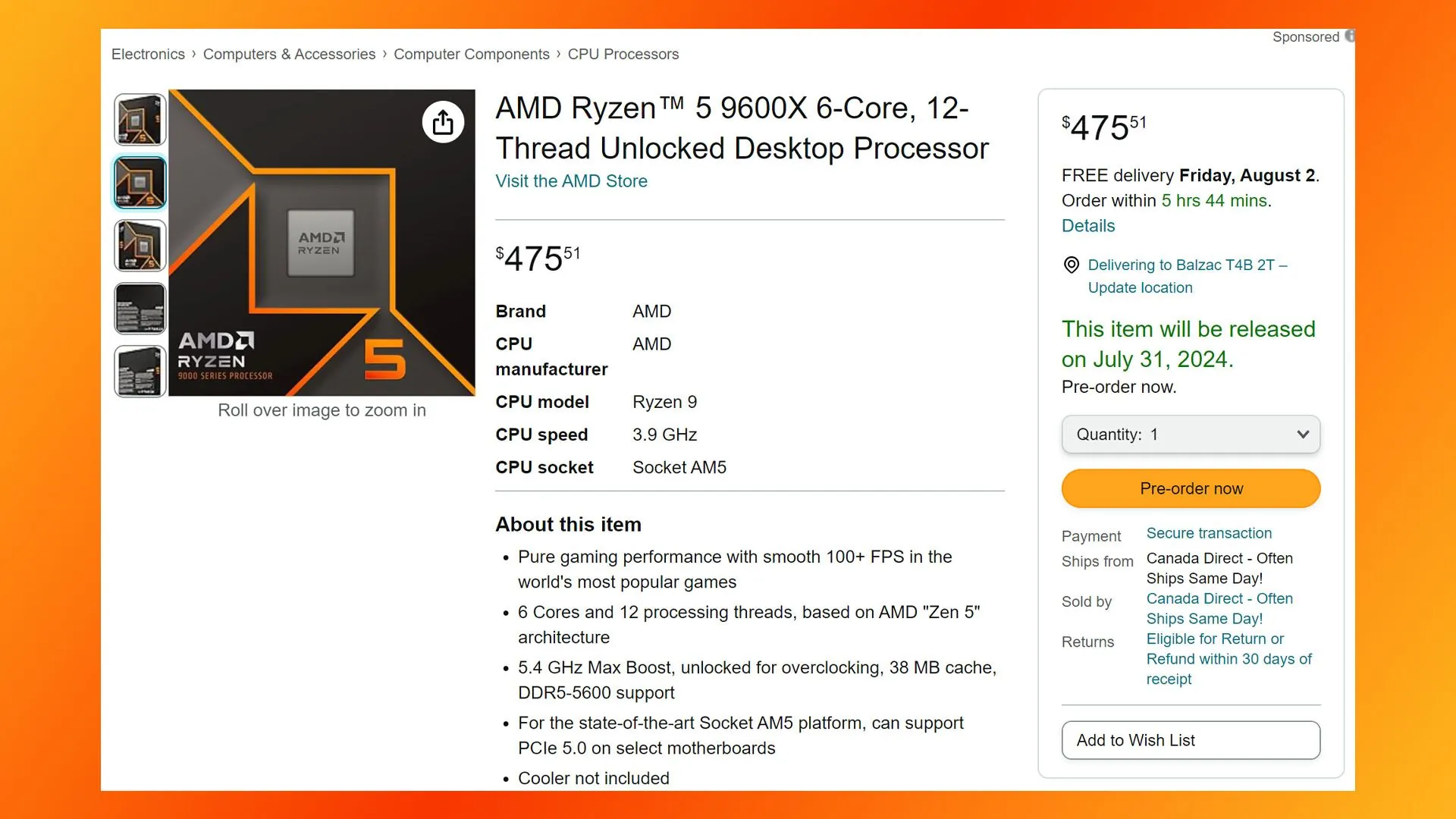 AMD Ryzen 5 9600X 加拿大電商偷跑，價格比Ryzen 5 7600X 當前售價高 87.6%