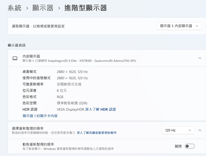 螢幕解析度為 2880×1620，更新率最高為 120Hz，並支援動態更新率。