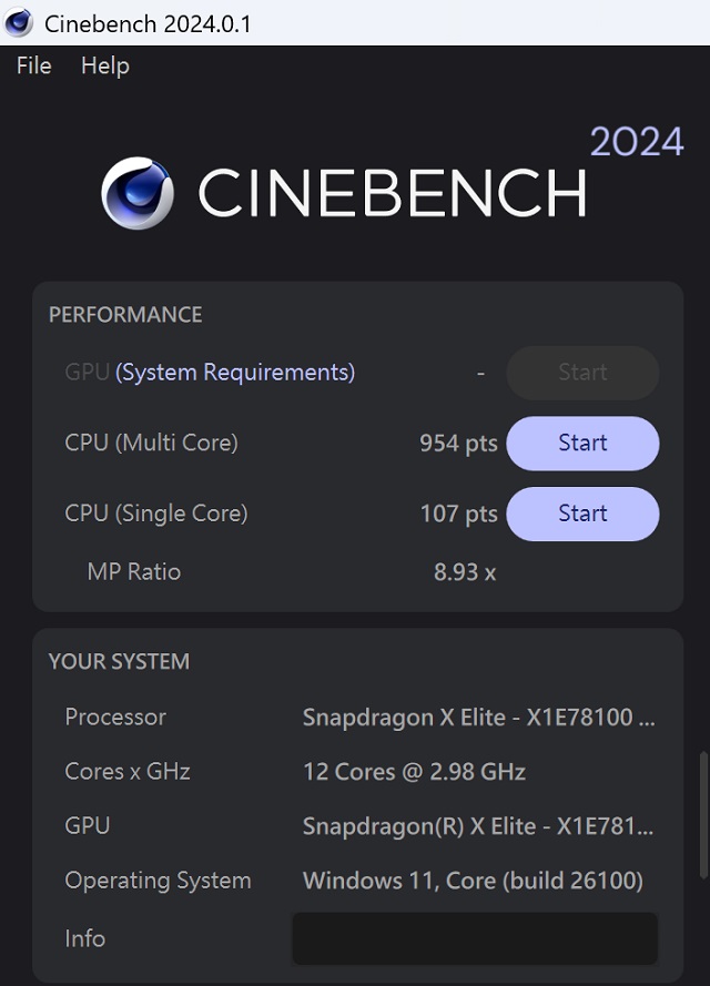 於 CINEBENCH R2024 測試中，CPU 多核心為 954 pts，單核心為 107pts，多、單核心的效能差距倍數為 8.93x。