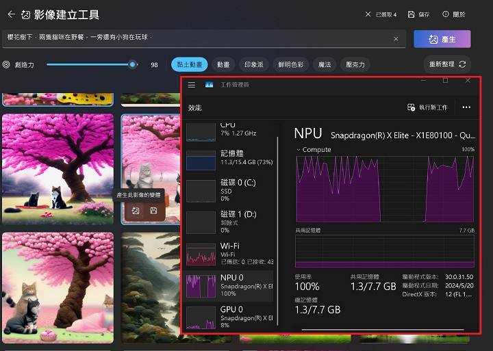 在 Copilot+ PC 中的相片 App 提供「影像建立工具」功能，是以文字生成圖片，NPU 會有到達 100% 的使用率。