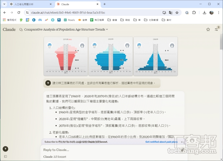 在未顯示標題的圖表中，GPT-4o 和 Claude 3.5 皆能辨識出圖表為不同年份的人口金字塔。