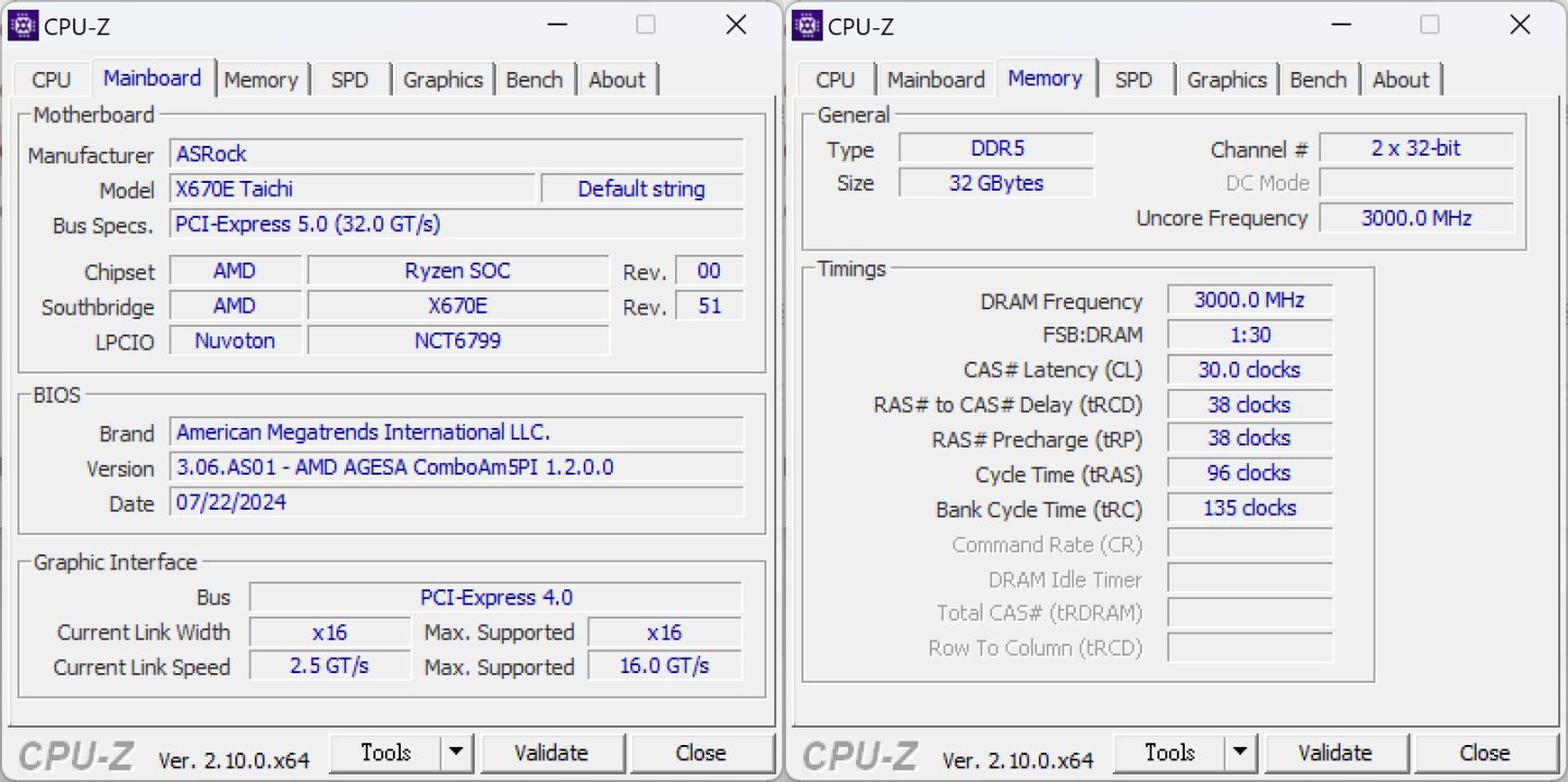 主機板與記憶體於CPU-Z所顯示的資訊。