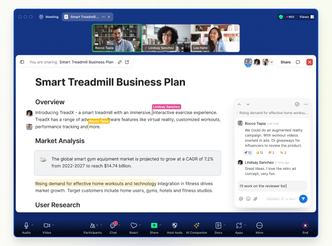 透過全新產品 Zoom Docs 優化團隊在 Zoom Workplace 中的協作，並運用 AI Companion 將 Zoom Meetings 中的會議內容轉化為可編輯的文件。（Zoom 提供）