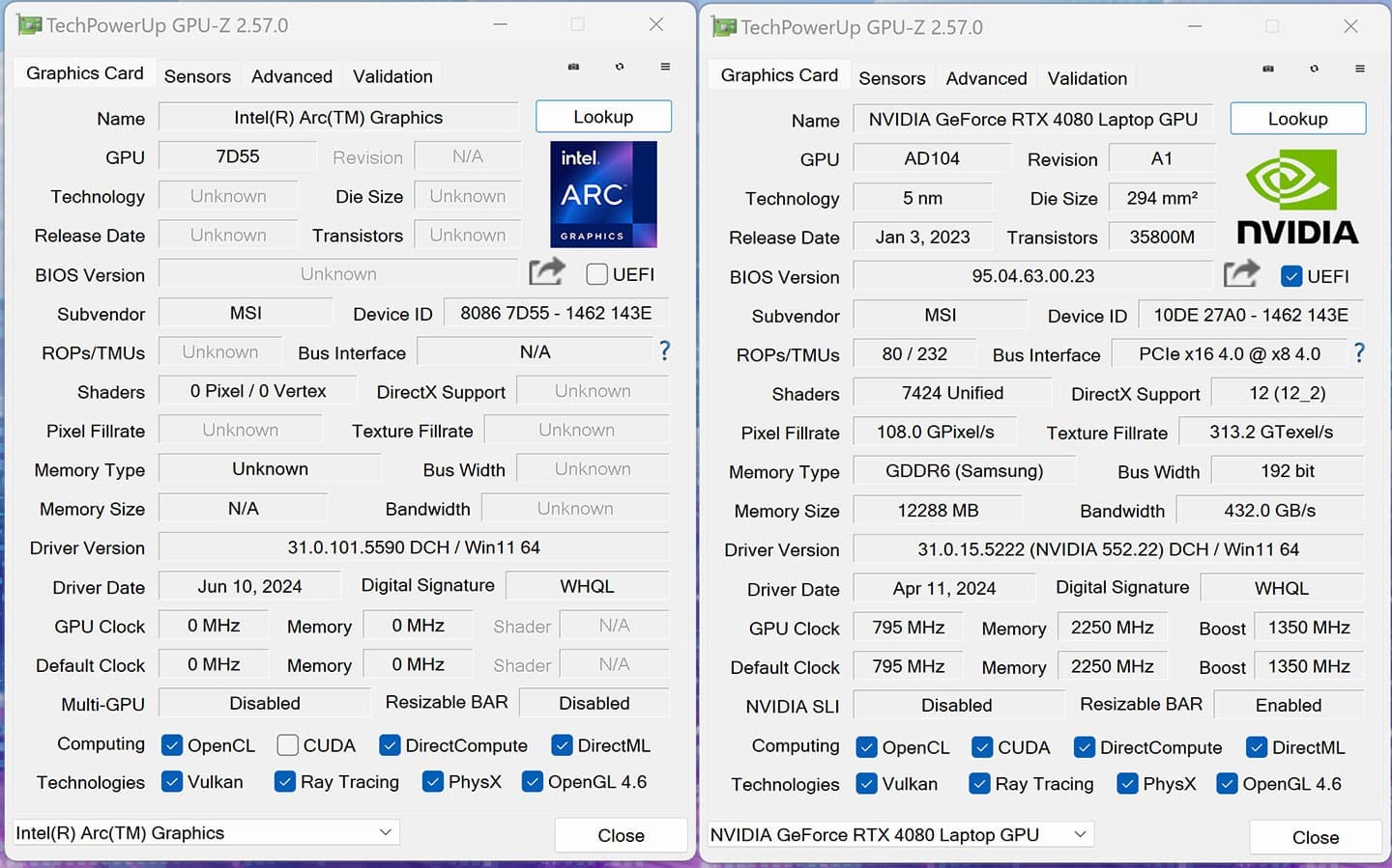 MSI Creator 16 AI Studio 的整合型顯卡（圖左）與獨立顯卡（圖右）詳細規格資訊。