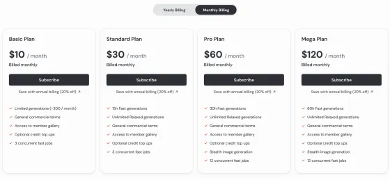 方案分為「Basic Plan」、「Standard Plan」、「Pro Plan」、「Mega Plan」4種，月費分別為「Basic Plan」10美元、「Standard Plan」30美元、「Pro Plan」60美元、「Mega Plan」120美元。