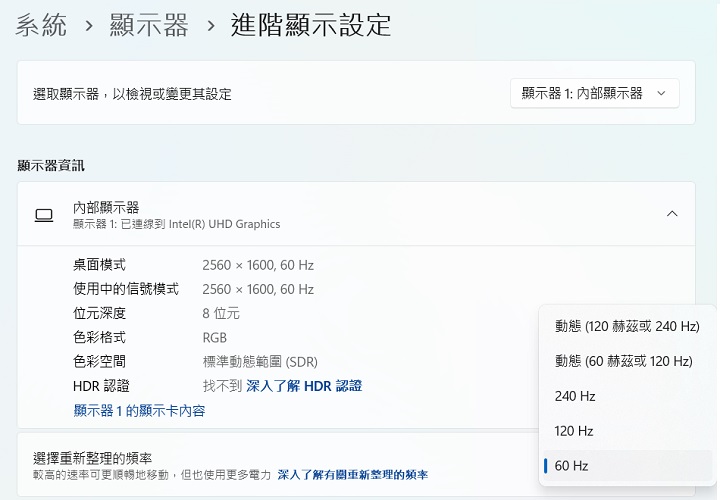 由系統資訊來檢示，螢幕解析度為 2560×1600，螢幕更新率為 60Hz、120Hz、240Hz，並可切換為動態調整 120Hz 或 240Hz 。