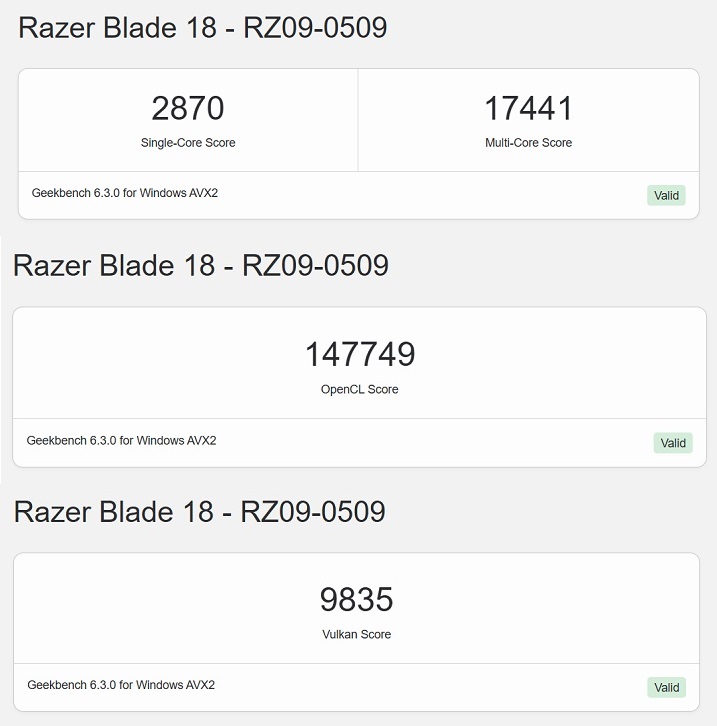 利用 Geekbench 6進行測試，在單核心部分獲得 2,870 分，多核心獲得 17,441 分。在 OpenCL 測試獲得的分數為 147,749 分；在 Vulkan 測試獲得的分數為 9,835 分。