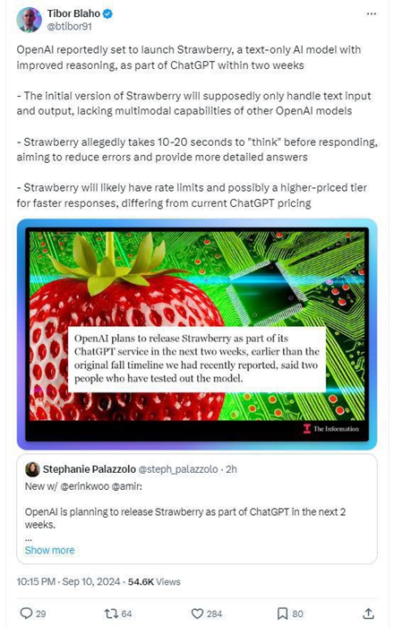 OpenAI預計兩週內推出Strawberry模型，訂閱費用可能提高到每月約台幣6500元