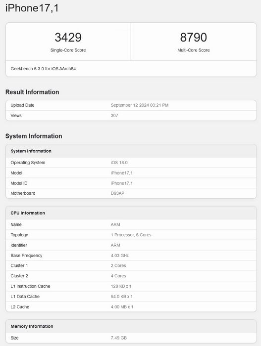 蘋果 iPhone 16 Pro 跑分再曝光，A18 Pro 多核性能超 M1 晶片