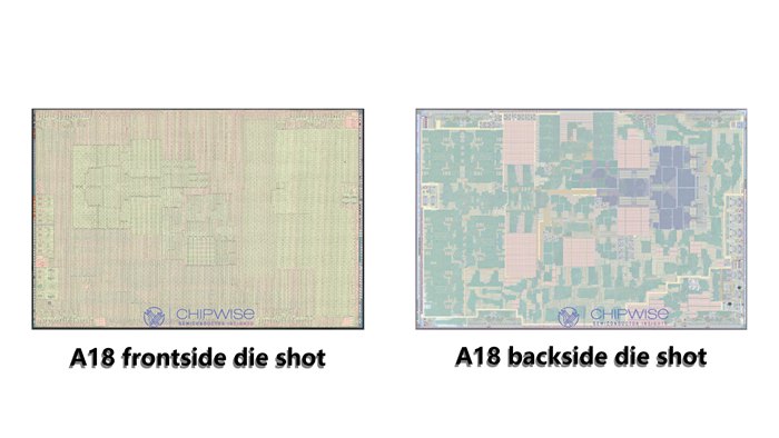 A18、A18 Pro正面和背面截圖對比，結構因GPU不同而不同