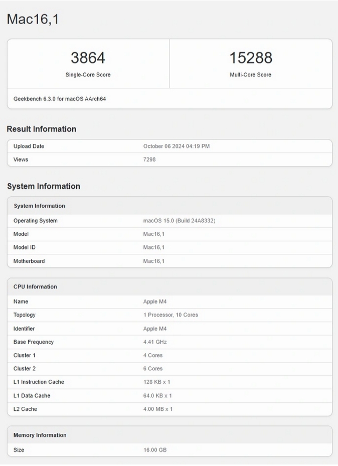 蘋果 M4 Mac Geekbench 跑分出爐：單核性能較 M3 提升超 26%