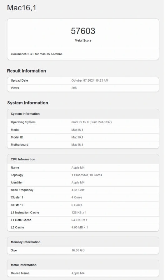 蘋果 M4 Mac Geekbench 跑分出爐：單核性能較 M3 提升超 26%