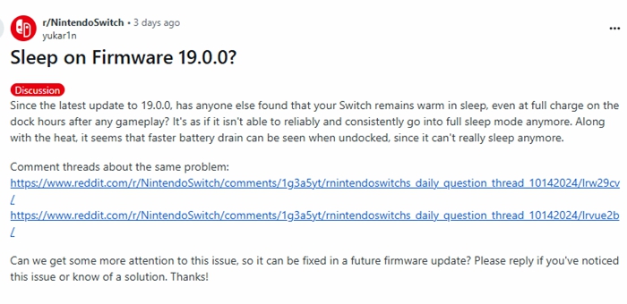 任天堂Switch發佈19.0.0韌體更新後出現過熱災情：休眠下機器仍溫熱、耗電多
