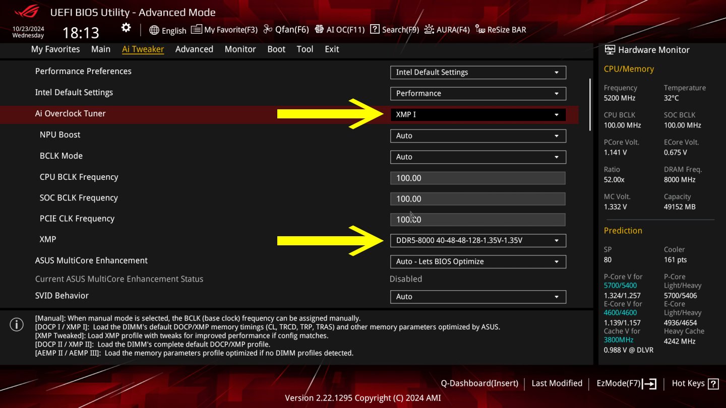 BIOS / UEFI設定僅手動調整開啟XMP，讓記憶體自動超頻至DDR5-8000。