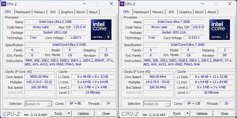 Core Ultra 5 245K、Core Ultra 7 265K之CPU-Z資訊。
