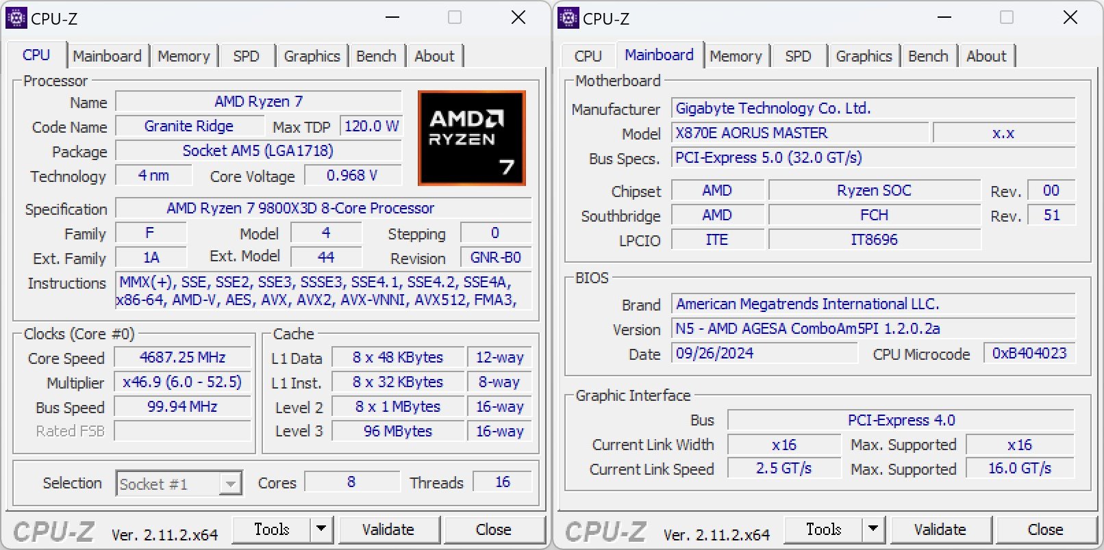 Ryzen 7 9800X3D與主機板之CPU-Z資訊。