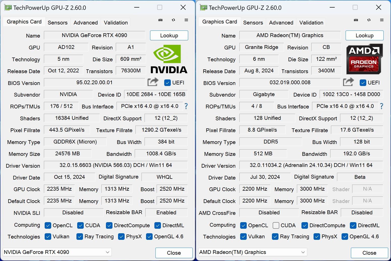 獨立顯示卡與內建顯示晶片之GPU-Z資訊。