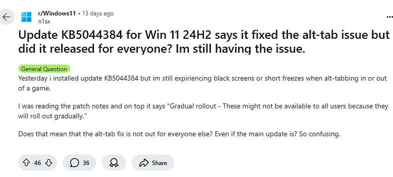 Windows 11 24H2 更新導致 Alt+Tab 組合鍵出包，10秒「螢幕變全黑」Bug