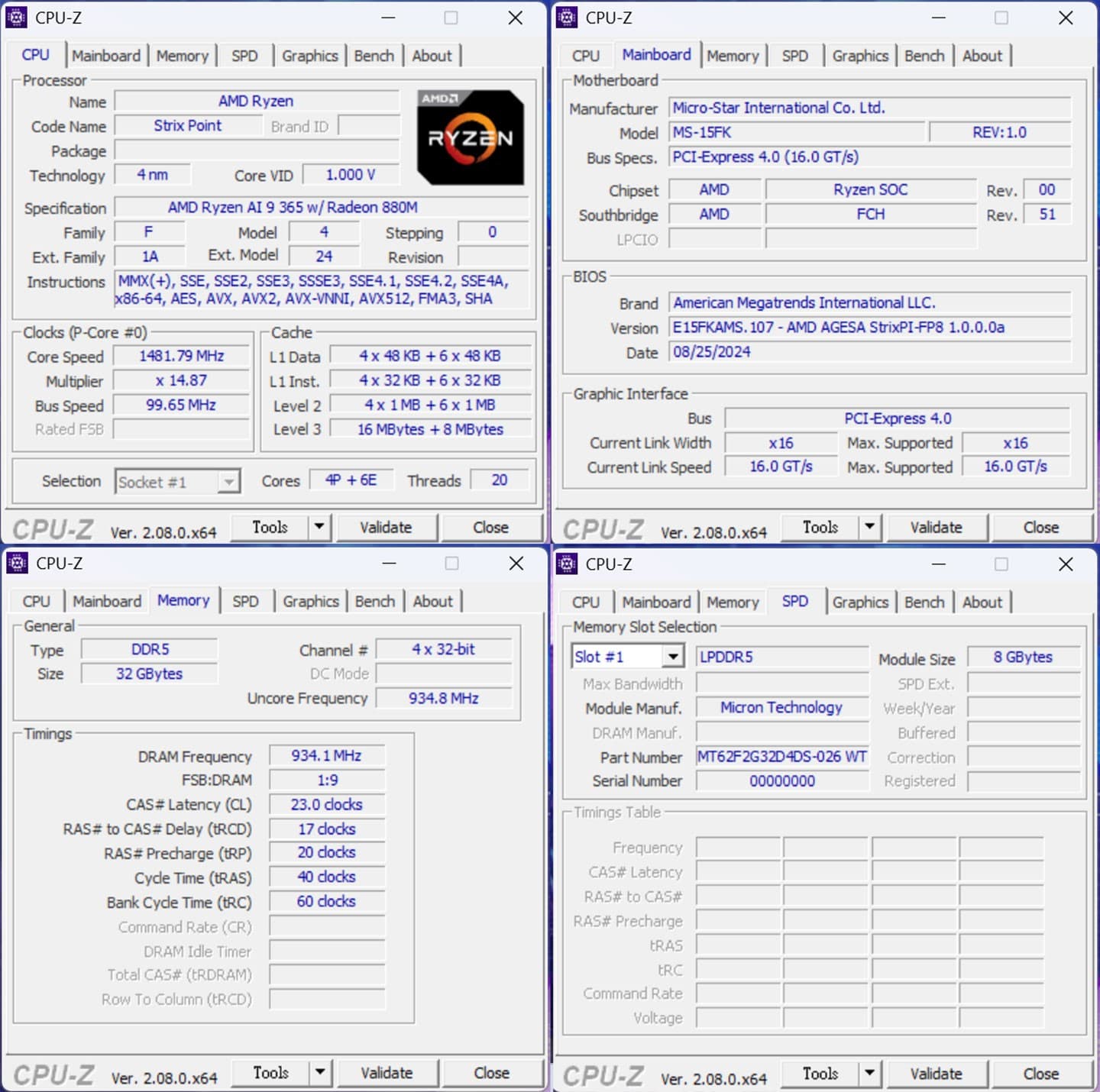 此次受測的 Stealth A16 AI+ 搭載 AMD Ryzen AI 9 365 處理器，上圖為 CPU-Z 顯示的詳細資訊，並有主機板與記憶體的相關資訊。