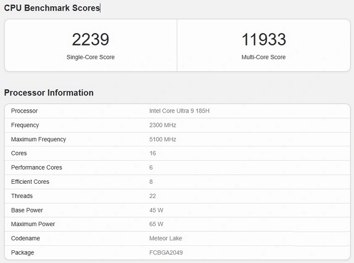 Intel Core Ultra 5 225H CPU 在 Geekbench現身，跑分表現優於 i5-14500HX