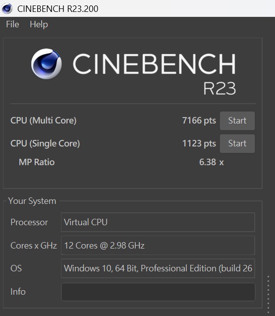 於 CINEBENCH R23 測試下，CPU 多核心為 7,166 pts，單核心為 1,123pts，多、單核心的效能差距倍數為 6.38x。