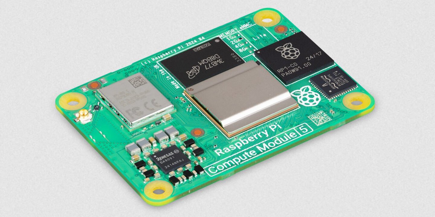 Raspberry Pi Compute Module 5運算模組的核心功能與「Pi5」相同，但是捨去正常尺寸的I/O端子以縮減尺寸。