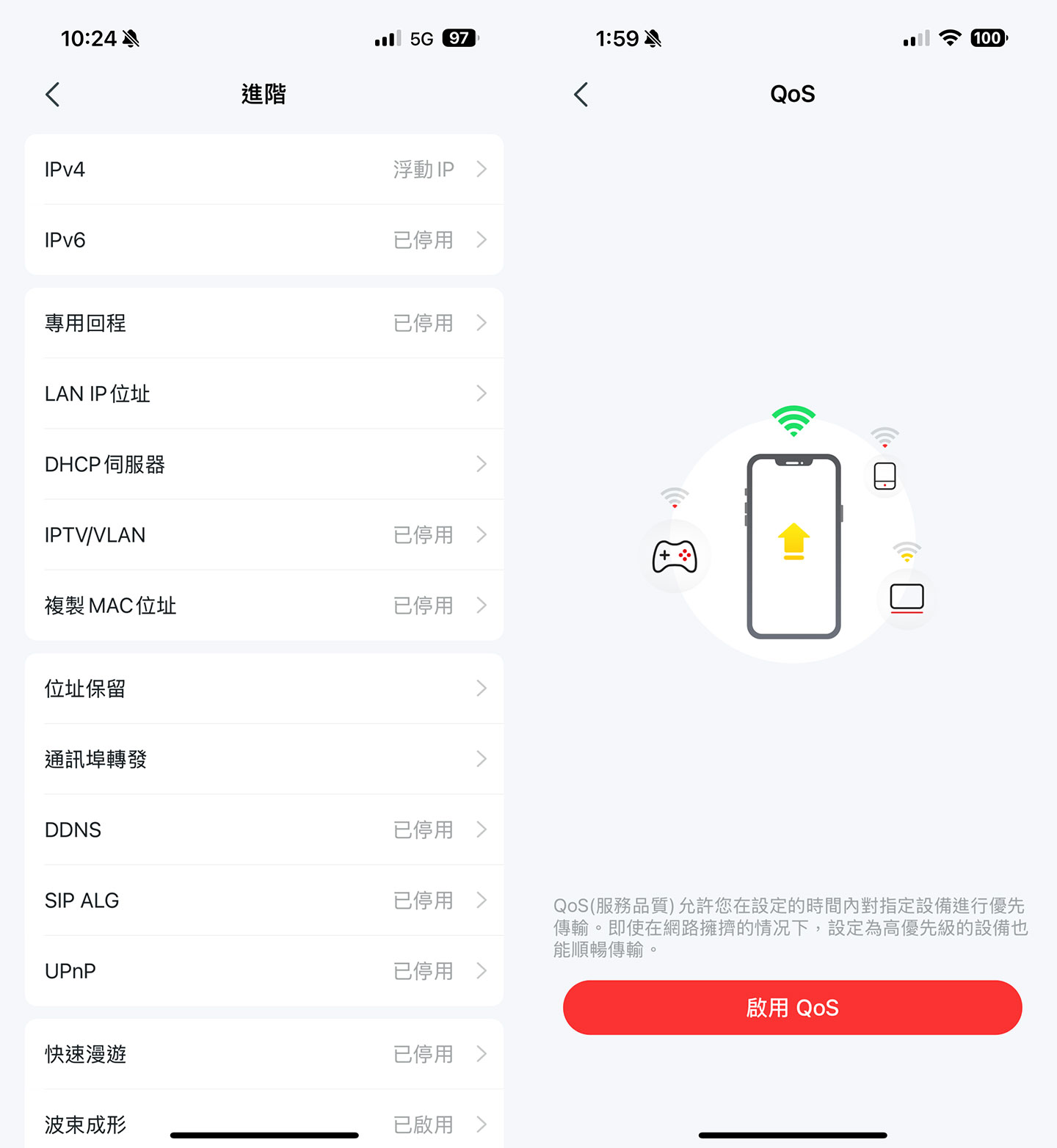 在進階設定中也提供更多網路相關設定，提供更多彈性自定功能的空間，另外 APP 中也提供 QoS 流量控制的功能，可讓使用者指派優先存取網路的設備。