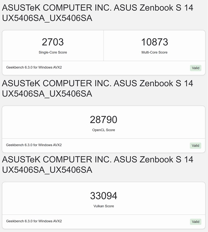 利用 Geekbench 6 進行測試，在單核心部分獲得 2,703 分，多核心獲得 10,873 分。而 Intel Arc 140V 顯示晶片於 OpenCL 測試獲得的分數為 28,790 分，於 Vulkan Score 測試獲得的分數為 33,094 分。