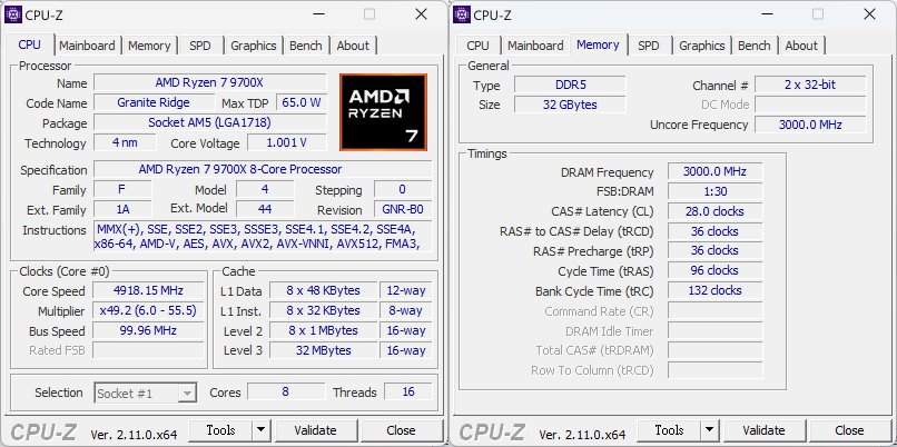 測試平台之CPU-Z資訊，使用AMD Ryzen 7 9700X處理器搭配GIGABYTE X870E AORUS主機板MASTER，並開啟105 W cTDP模式。