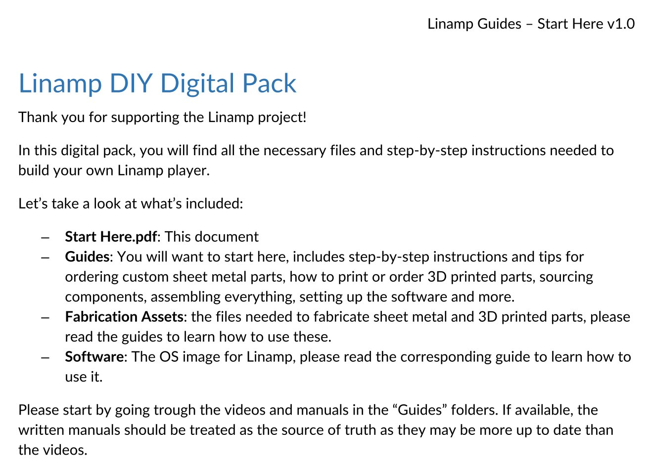 Linamp的DIY套件並沒有任何實體物品，內容為教學講義電子檔、3D列印圖檔、相關軟體磁碟映像檔。