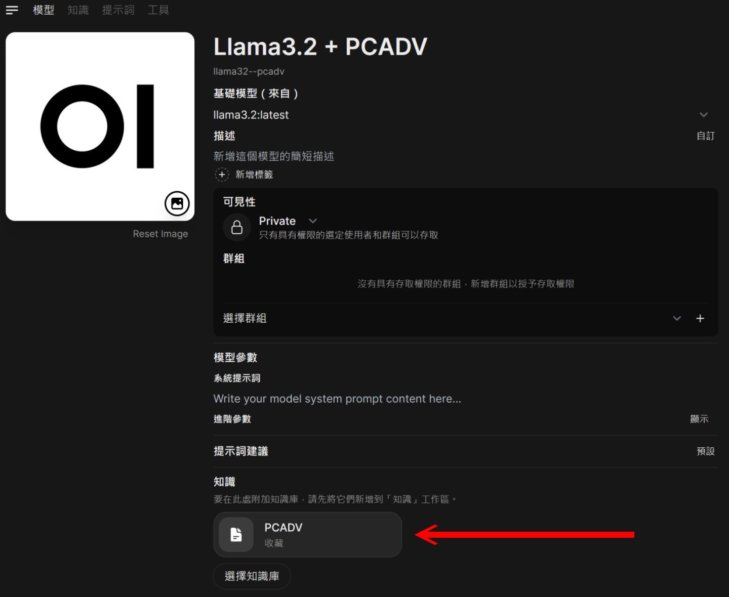 並在執行環境將模型設定為Llama 3.2B加上PCADV資料庫。