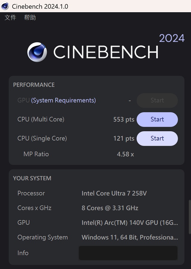 於 CINEBENCH R2024 測試中，CPU 多核心為 553 pts，單核心為 121pts，多、單核心的效能差距倍數為 4.58x。