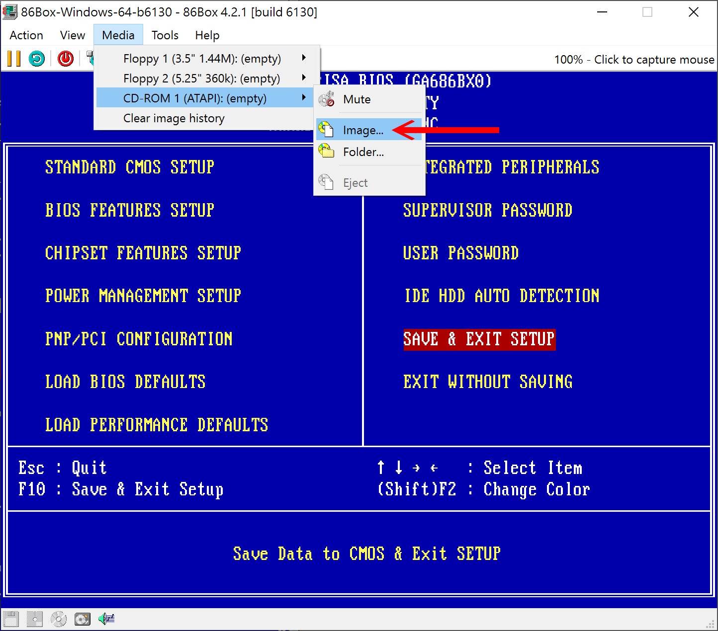 接下來到86Box上方選單的Media -> CD-ROM -> Image選擇Windows 98系統光碟的ISO映像檔,並掛載到模擬電腦。如果需要將鍵盤滑鼠從模擬電腦釋放,可以按下F8+F12或滑鼠中鍵。