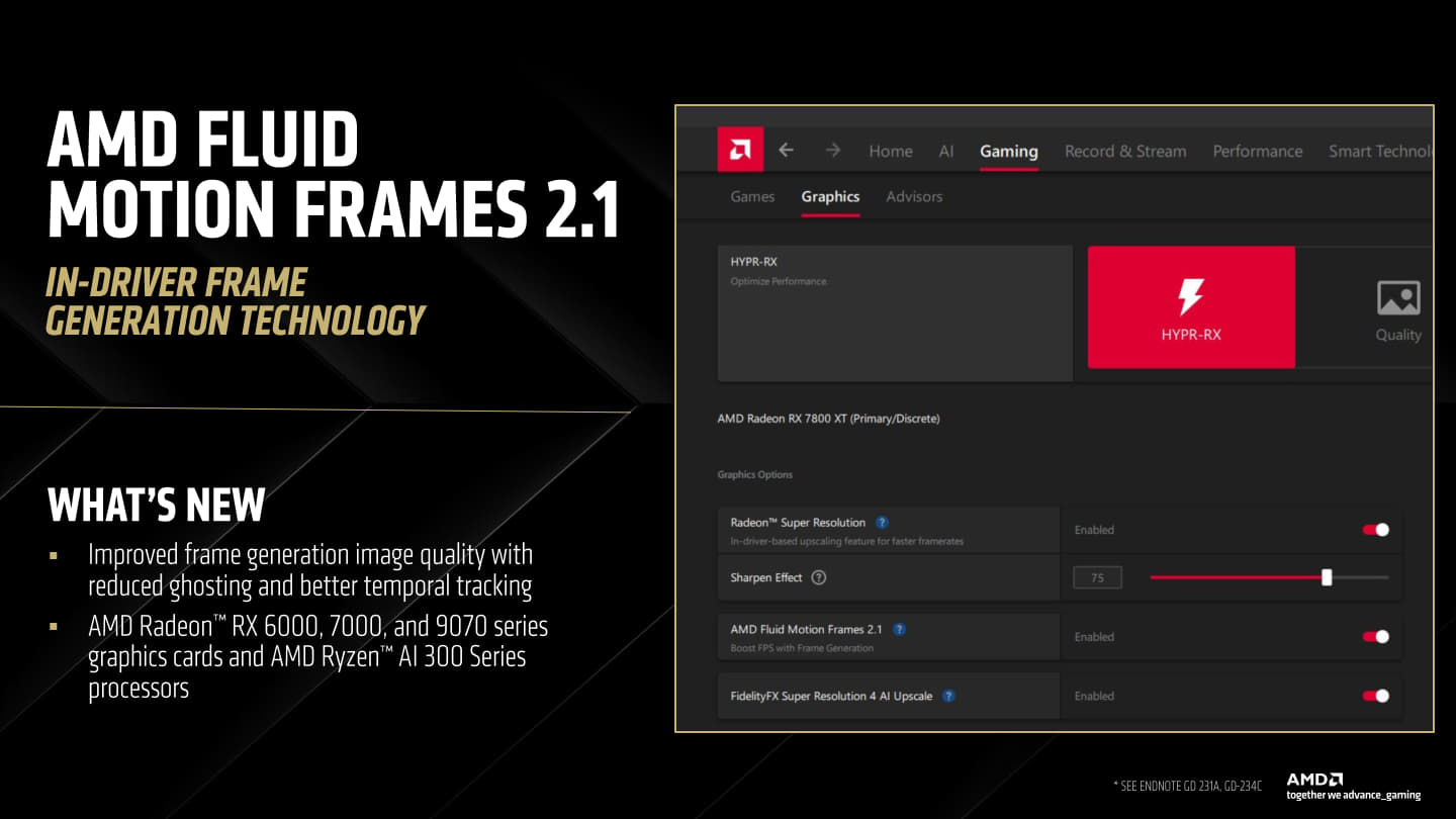 AFMA 2.1可以對幾乎所有遊戲強制開啟畫格生成功能，並相容於Radeon RX 6000系列之後的顯示卡，以及Ryzen AI 300系列處理器之內建顯示晶片。