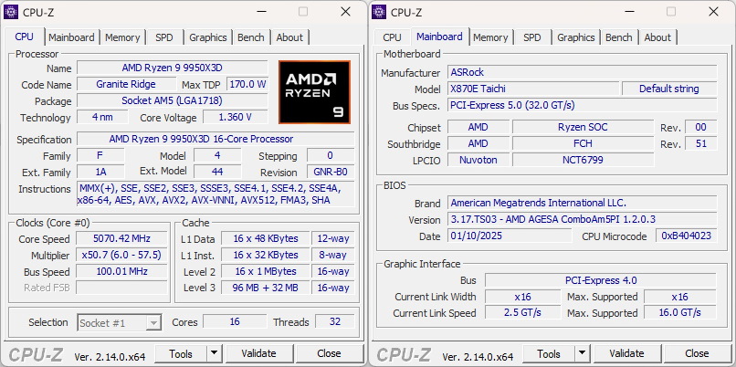 Ryzen 9 9950X3D與主機板之CPU-Z資訊。