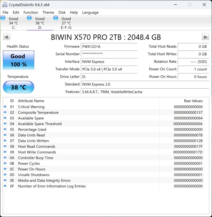 Black Opal X570 PRO SSD 2TB於CrystalDiskInfo之資訊。