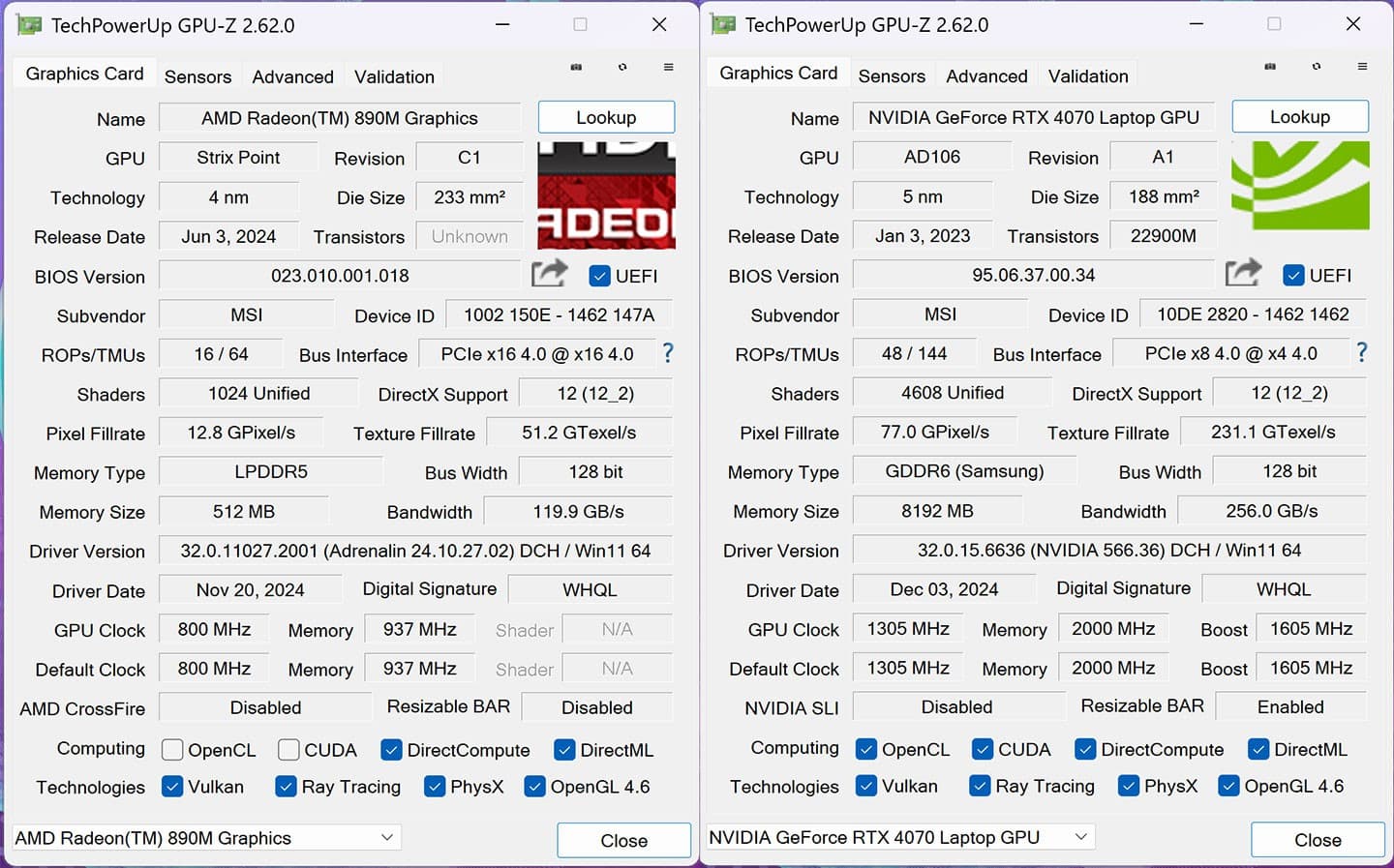 透過 GPU-Z 查看整合式的 AMD Radeon 890M 顯示晶片與獨立顯卡 NVIDIA GeForce RTX 4070 筆記型電腦 GPU。