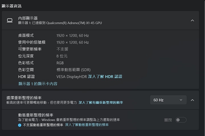 此款螢幕解析度為 1920×1200，更新率最高為 60Hz，並沒有支援動態更新率。