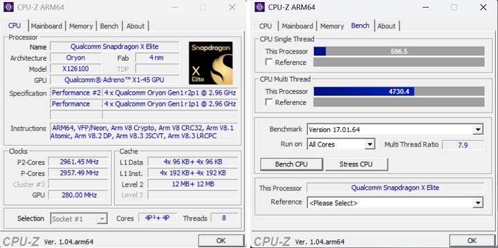 利用 CPU-Z ARM6 來檢視規格，高通 Snapdragon X 平台 X126100 處理器，為 Arm64 架構，以 4P Core 加 4P Core，共 8 個核心。利用 CPU-Z ARM64 進行測試，單執行緒效能測試結果為 596.5 分，多執行緒效能測試結果則是 4730.4 分。