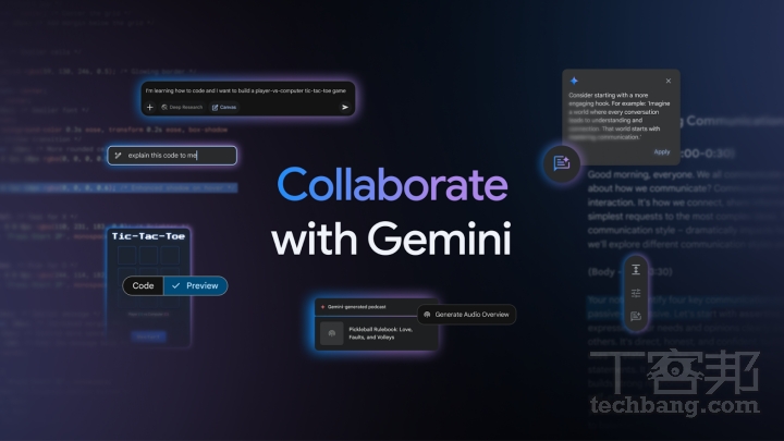 Google 持續進化 Gemini，除了提供更新、更有效率的模型外，新的 Gemini 服務甚至還能將文字檔轉為 Podcast。（圖片來源：Google）