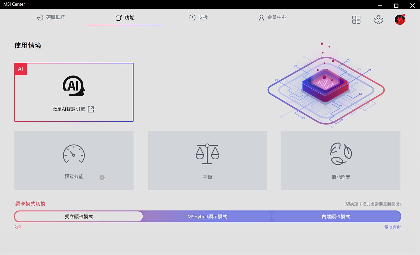 在「使用情境」中可依照不同需求切換四種設定，也能切換三種不同的顯卡模式，包括預設自動切換內顯與獨顯的 MSHybrid 顯示模式，相對低功耗的內建顯卡模式與 MUX 顯卡直連的獨立顯卡模式，在切換設定後需要重新啟動系統才會生效。