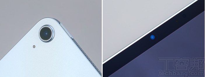 iPad Air M3 後置相機維持 1,200 萬像素的廣角規格，前置 1,200 萬畫素的 Center Stage 相機也在橫向的中間，在視訊的同時會透過機器學習保持人像置中。