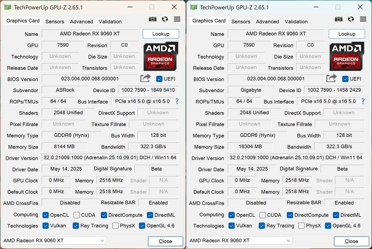 8 GB與16 GB Radeon RX 9060 XT之GPU-Z資訊。