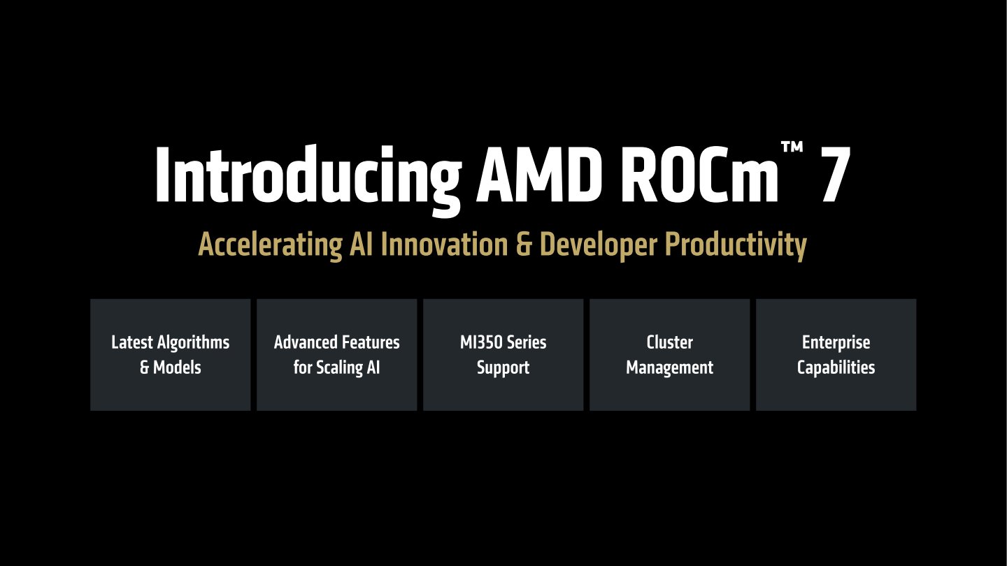 AMD也於Advancing AI 2025大會發表ROCm 7軟體堆疊，支援Instinct MI350系列AI加速器並改善效能。