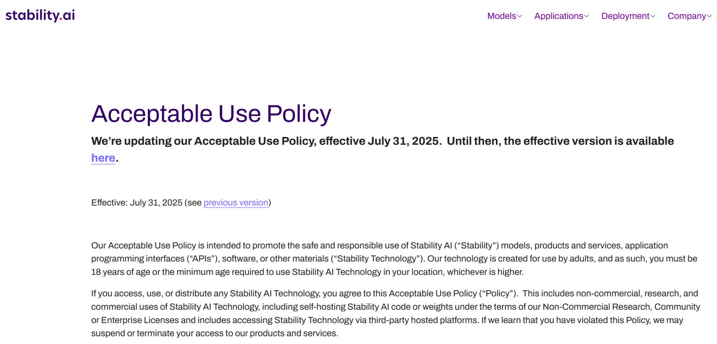 Stability AI於官方網站公告新版可接受使用條款（Acceptable Use Policy），新條款將於2025年7月31日實施。