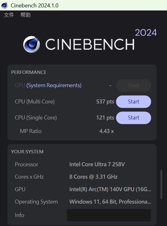 於 CINEBENCH 2024 測試中，CPU 多核心為 537pts，單核心為 121pts，多、單核心的效能差距倍數為 4.43x。