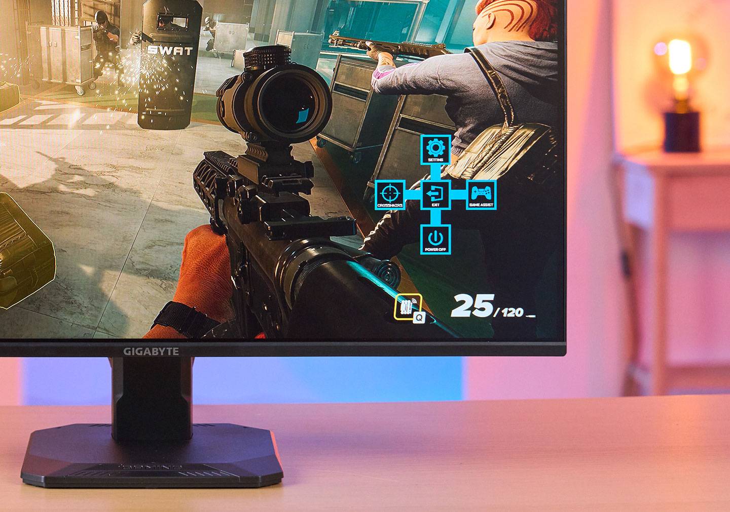 按下 OSD 鍵，畫面右下方會出現功能捷徑選單，可開啟設定、準心輔助、遊戲助手與電源關閉等功能。