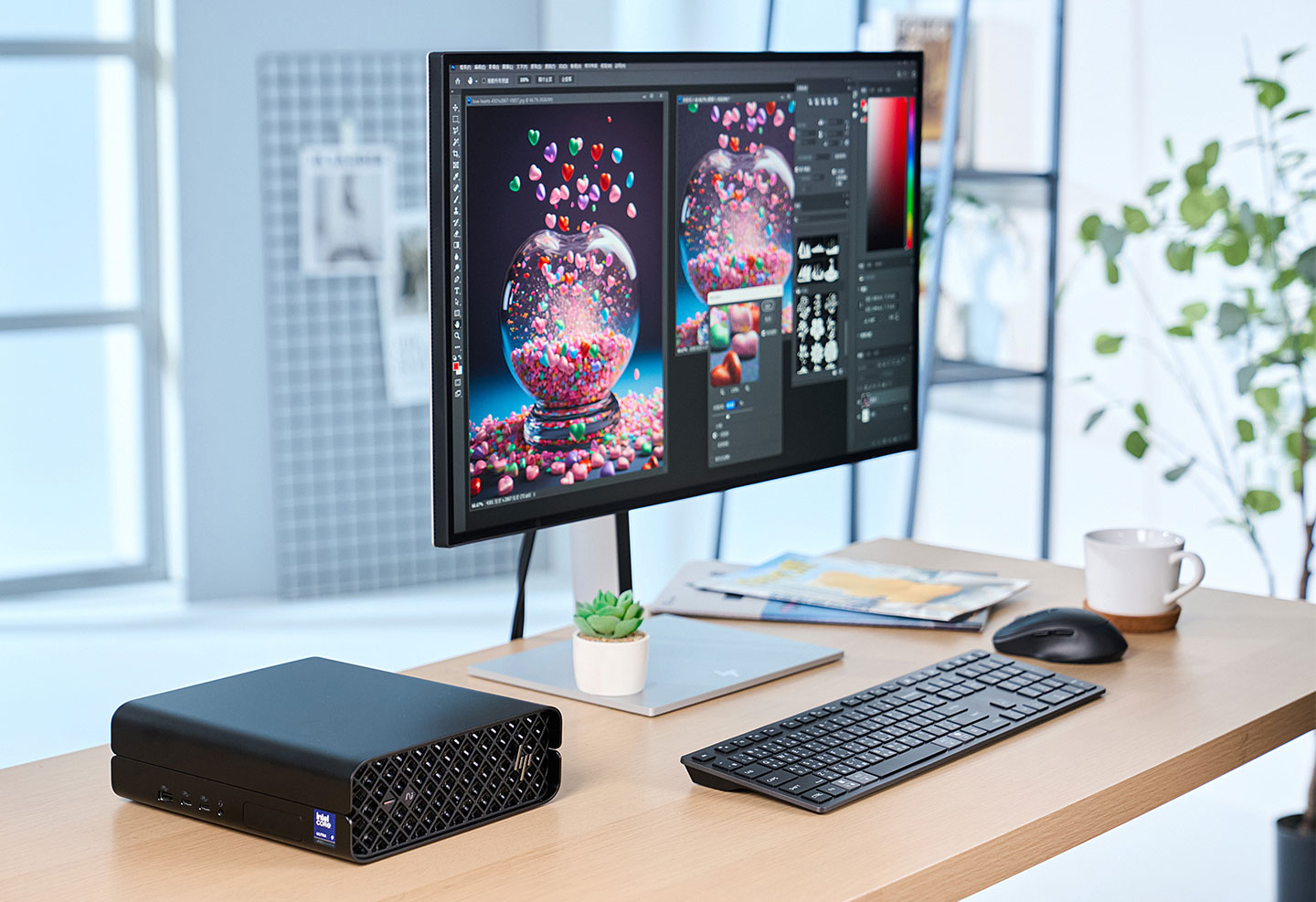 HP Z2 Mini G1i 工作站隨附了質感不錯的超薄型無線鍵盤與多鍵無線滑鼠，讓桌面空間更為清爽。